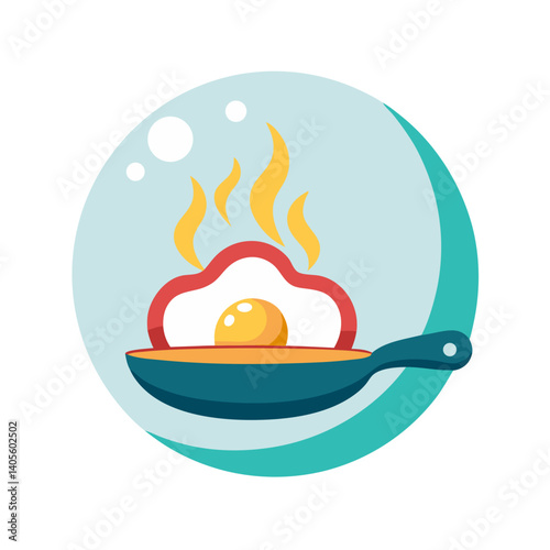 A perfectly fried egg sizzling in a pan, a delightful breakfast scene depicted in vibrant, playful colors within a circular frame.