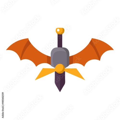 A mystical bat-winged dagger, a symbol of dark fantasy adventure, with bold orange wings and a sharp, pointed blade in flat design style.