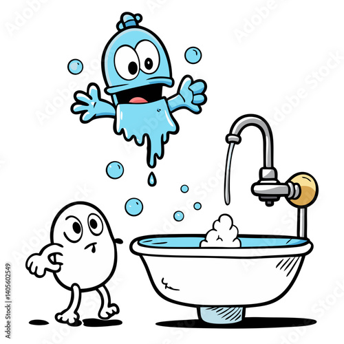 A playful water spirit joyfully leaps from the tap into a bubbly bath, surprising a shy pebble friend in a whimsical cartoon scene with bold lines and bright colors.