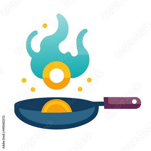 A sunny-side-up egg magically floats into a sizzling pan, a vibrant splash of teal fire enhancing the joyful cooking scene with bold flat design.