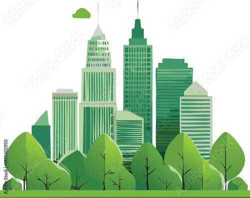 City Skyline with Green Rooftops and Trees Vector Isolated, Sustainable Urban Landscape, Eco-Friendly Metropolis Concept, Modern Green Architecture