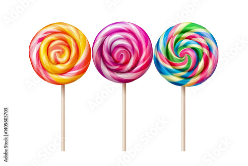 Colorful spiral lollipops candy sweet treat confectionery on sticks dessert food photography art isolated on a transparent background.