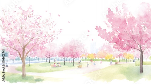 桜と彩りの公園の散歩道