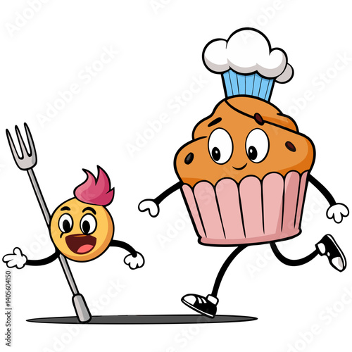 A cheerful muffin in a chef's hat playfully chases a giggling round character wielding a giant fork against a simple white backdrop.