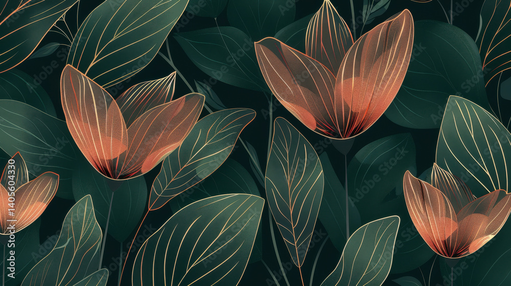 custom made wallpaper toronto digitalbeautiful floral pattern featuring elegant flowers and lush green leaves, showcasing intricate line work and rich color palette. design evokes sense of tranquility and nature beauty