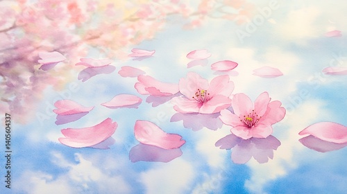 水面に映る桜と空・花筏の風景