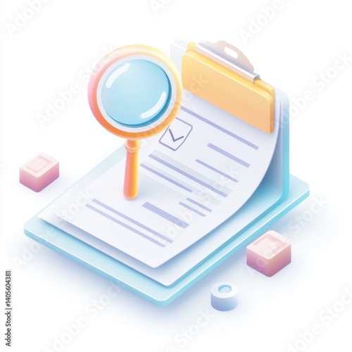 Document review with magnifying glass.  A digital illustration of a clipboard with a document and a magnifying glass, highlighting a process of scrutinizing details