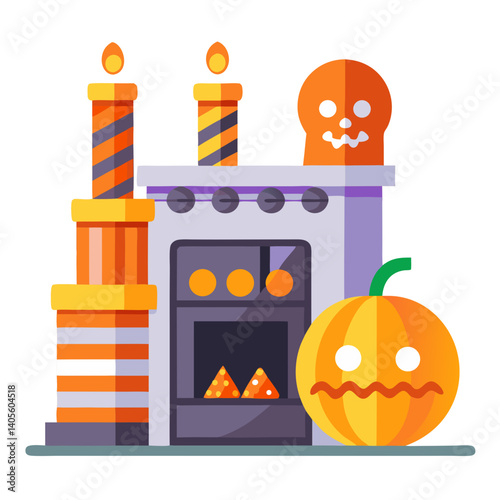 A whimsical Halloween fireplace scene featuring a grinning pumpkin, spooky candles, and a playful skull mantelpiece, rendered in a bold, flat design style.