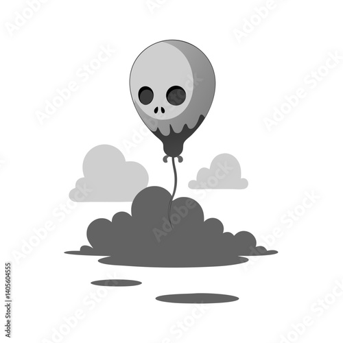 A whimsical skull-shaped balloon floats serenely above a fluffy cloud, a melancholic yet charming grayscale illustration.