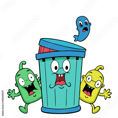 Playful cartoon monsters surround a surprised trash can in a vibrant, whimsical illustration with bold outlines and bright colors.