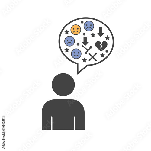 Overwhelmed Mind: A simple illustration depicting a person struggling with overwhelming negative emotions and thoughts, symbolized by sad faces, broken hearts.