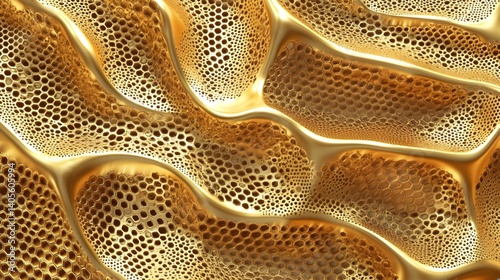 Abstract Geometric Golden Hexagon Pattern – 3D Liquid Gold Metallic Background with Smooth Anisotropic Texture