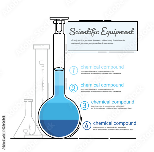Volumetric flask elements Infographics concept, Volumetric flask illustration for science banner, Chemical infographic, Lab data, presentation Science, experiment report.