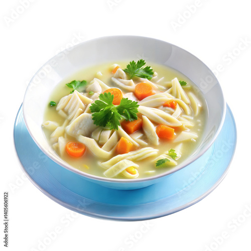 Delicious Homemade Chicken Noodle Soup in Bowl Close-up Studio Shot