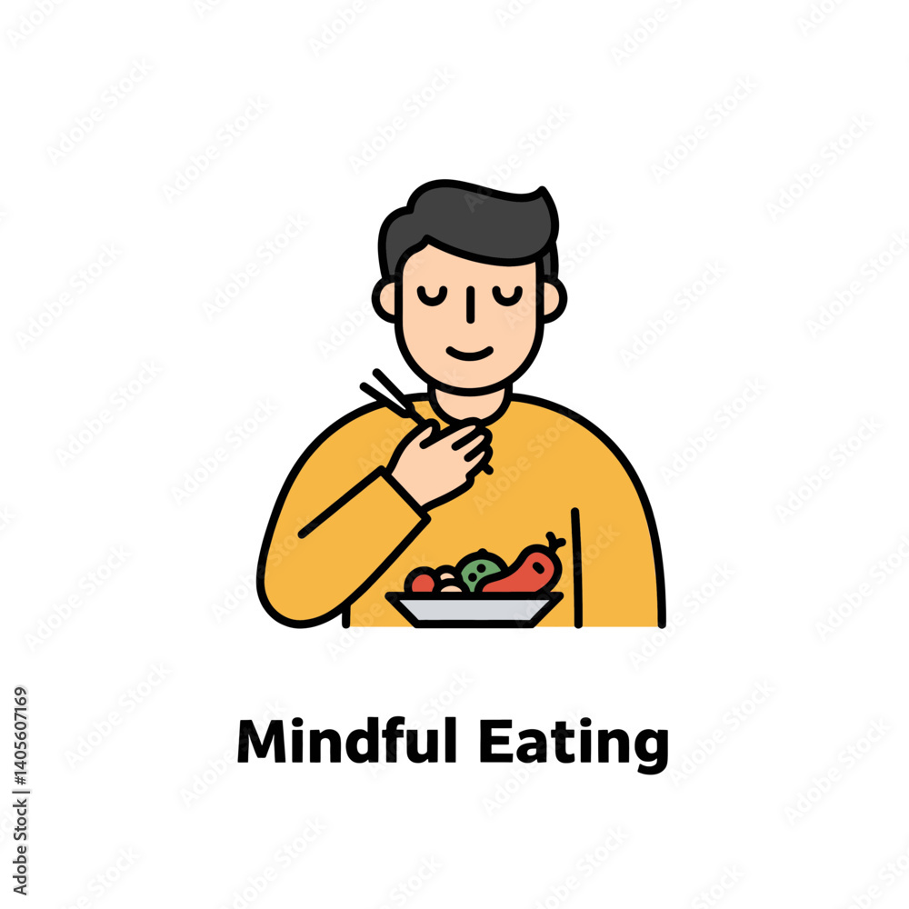Mindful Eating: An illustration of a person seated, enjoying a balanced and diverse meal, accompanied by the words Mindful Eating: An illustration of a person seated, enjoying a balanced and diverse meal, accompanied by the words