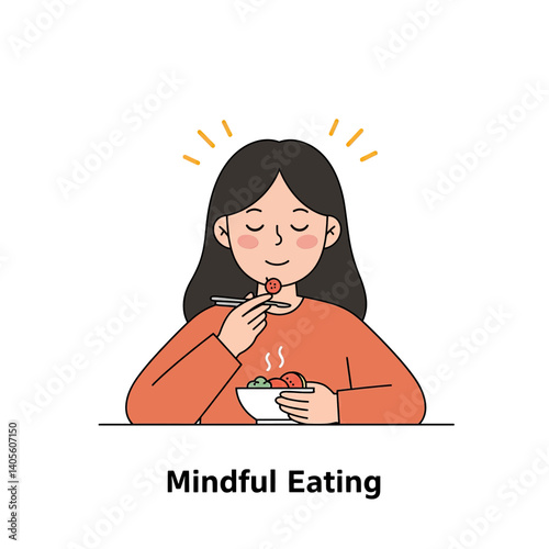 Mindful Eating Moment: A serene illustration depicts a person, fully immersed in a mindful eating practice, holding chopsticks while relishing food, promoting a healthy lifestyle.