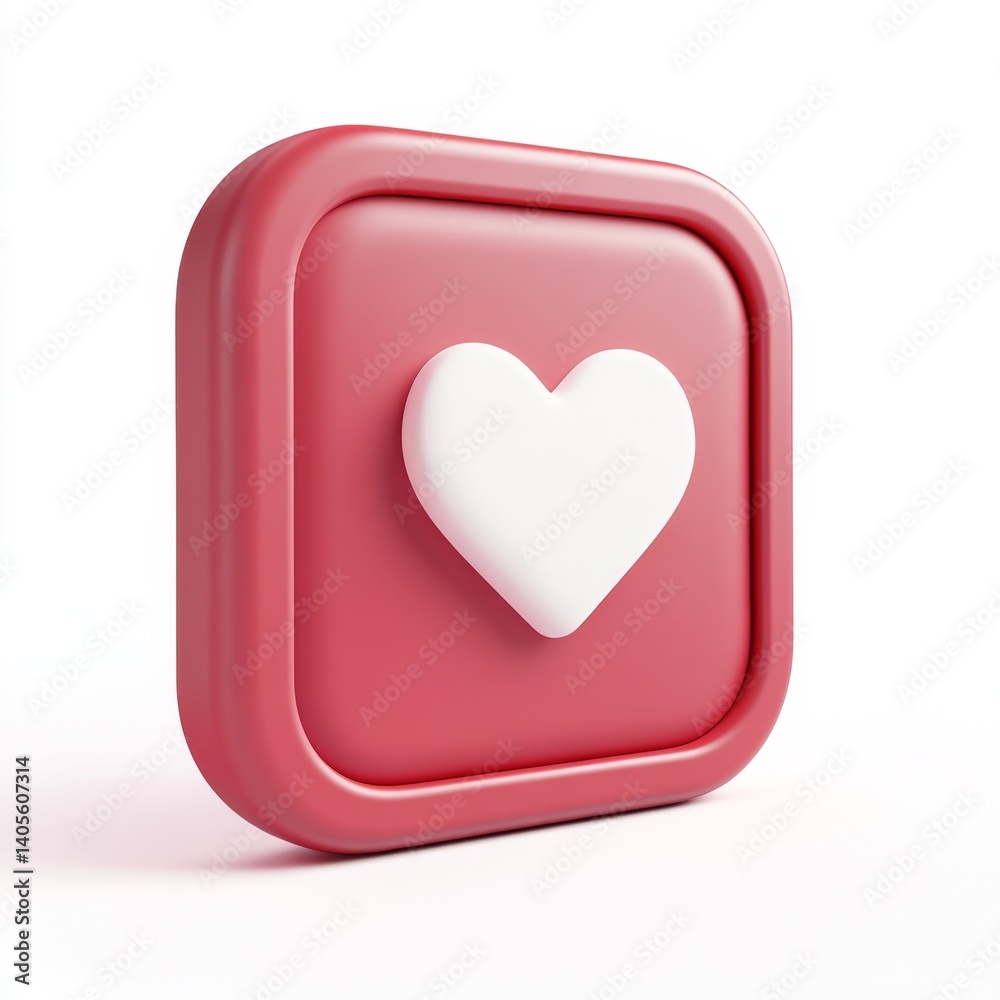3D Heart Icon, Pink Square 3D Heart Icon, Pink Square