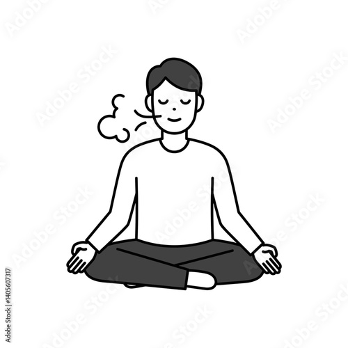 Mindful Meditation:  A simple line art illustration depicting a man in a serene meditative posture, eyes closed, breathing deeply, exhaling calm and focus. Perfect for websites, app designs.