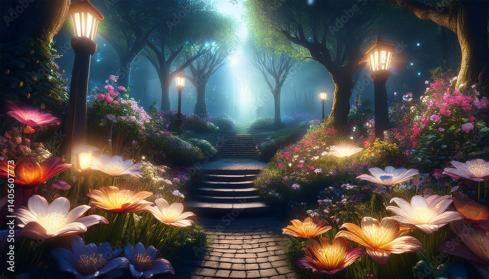 Obraz premium the magical and enchanting mystic garden with radiant flowers and glowing lights creating a mysterious dark atmosphere