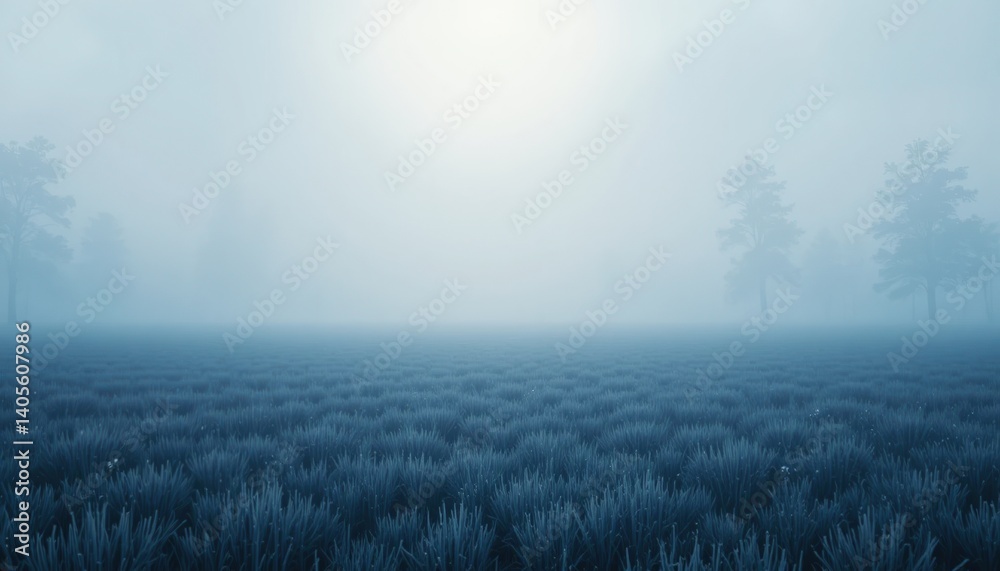 Fototapeta premium Misty landscape scene with trees and grassy field tranquil environment serene viewpoint nature concept for calming experience