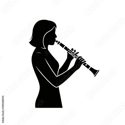 Clarinet Silhouette: Elegant silhouette of a woman playing a clarinet, profile view, musical instrument, black and white, minimalist style.