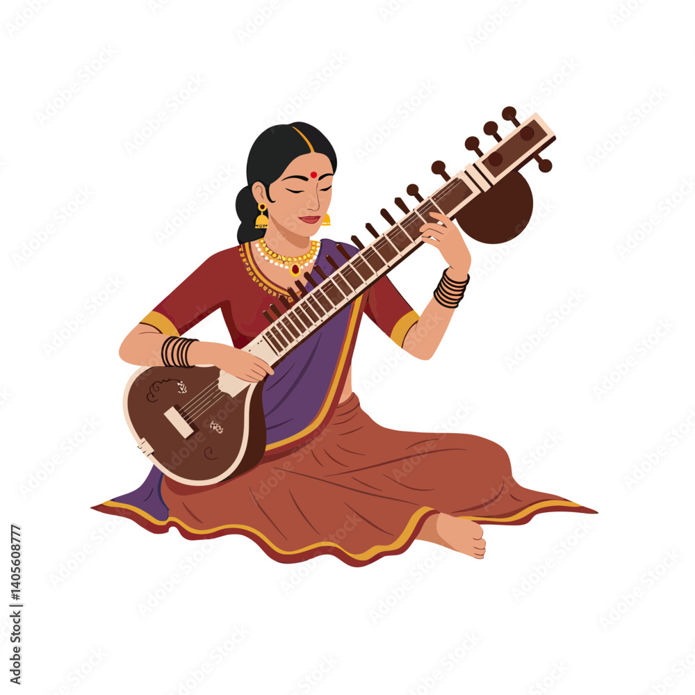 Obraz premium Melodic Rhapsody: An Indian female, immersed in her art, delicately plays a sitar with traditional attire and serene demeanor.