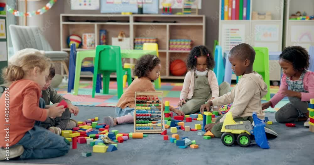 Kids, students and play with blocks in classroom of learning, problem solving and creative activity. Children, toys and floor for education game, puzzle solution and motor development in kindergarten