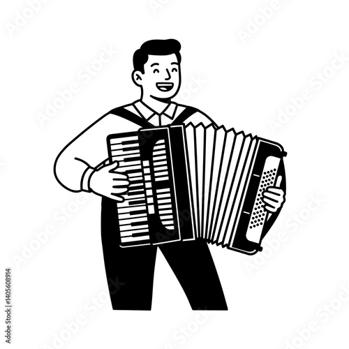 Accordion Serenade: A charming man plays an accordion with joyful expression and lively music notes, capturing the spirit of music and the beauty of the accordion instrument.