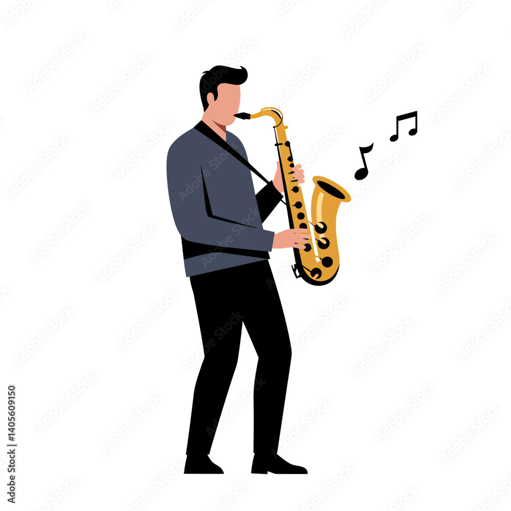 Fototapeta premium Saxophonist playing a Saxophone: A stylized illustration of a man playing the saxophone, musical notes floating nearby. The image evokes a sense of musical expression and artistic performance.