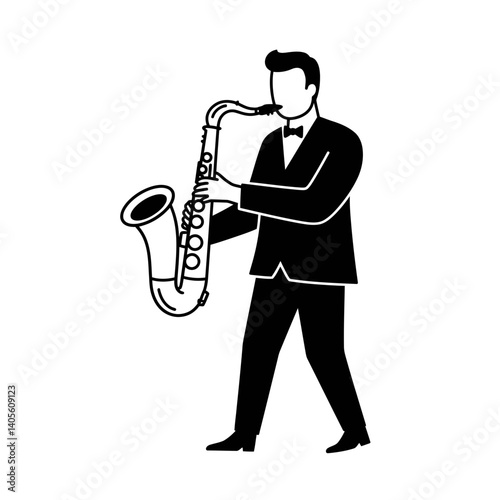 Saxophone Serenade: A stylized line art illustration features a poised musician, engrossed in playing his saxophone. He wears a suit and tie, the very essence of musical finesse.