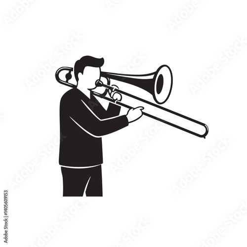 Trombone Performer: A silhouette of a musician engrossed in his art, playing the trombone with focused intensity, captured in a classic monochrome aesthetic.
