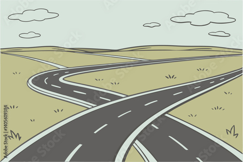 100 road fork, diverging paths, crossroads, decision point, grassy fields, horizon, blue sky, white clouds, asphalt road, highway markings, symmetry, Y-shaped intersection, open landscape, choice meta
