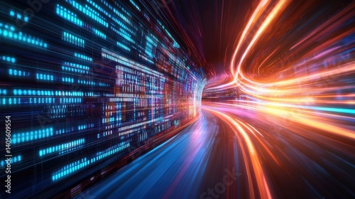 A futuristic digital circuit board with glowing blue neon lines and data streams, forming a high-tech abstract background