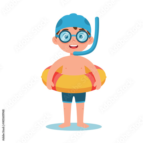 A cheerful boy wearing a snorkel and swimming goggles with a colorful inner tube in a playful, flat vector illustration