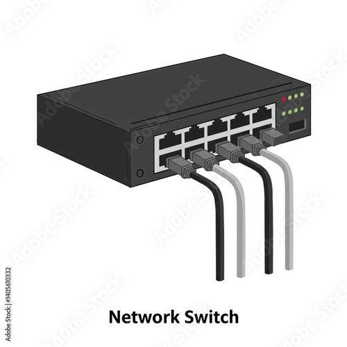 Network Switch Connection: A close-up shot of a black network switch with multiple ethernet cables plugged in, showcasing a crucial element of modern networking infrastructure.
