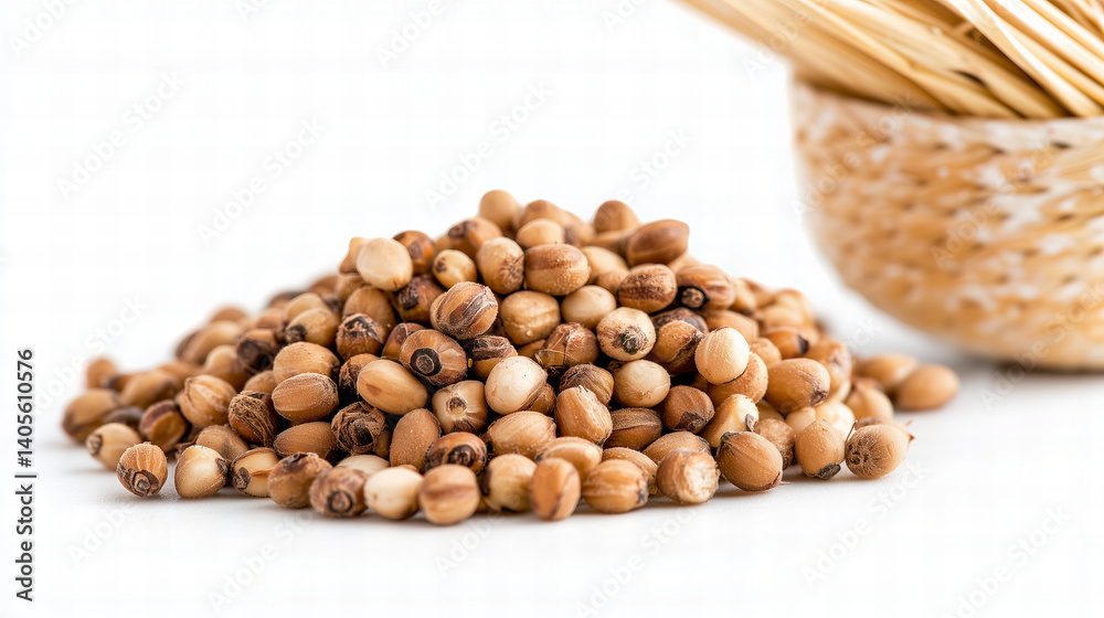 Heap of Roasted Sesame Seeds Nuts in Basket on White Background Healthy Food Concept Close Up Detailed Shot Heap of Roasted Sesame Seeds Nuts in Basket on White Background Healthy Food Concept Close Up Detailed Shot