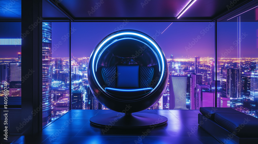 Fototapeta premium HighTech SciFi Pod Chair in Luxury Penthouse Overlooking NeonLit Cityscape with Stunning Night View (1)