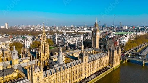 Aerial view of the Palace of Westminster in London, England, UK, on a clear day. Iconic UK landmark ideal for travel, tourism, architecture, and cultural-themed commercial use