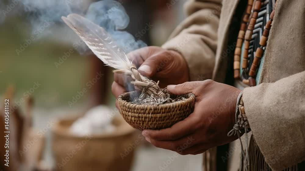 Close-up footage of a Native American smudging ceremony, showcasing ...