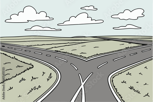 100 road fork, diverging paths, crossroads, decision point, grassy fields, horizon, blue sky, white clouds, asphalt road, highway markings, symmetry, Y-shaped intersection, open landscape, choice meta