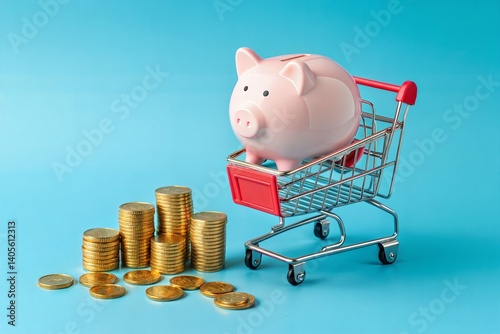 Miniature shopping cart holding transparent jar of coins, scattered golden coins around, bright pastel blue background, sharp studio lighting, high contrast shadows, financial savings and spending con