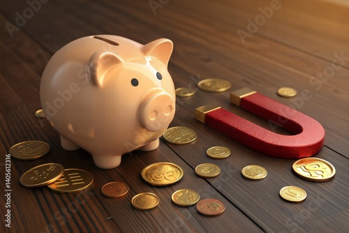 Transparent glass jar filled with silver coins, red horseshoe magnet pulling coins, rustic wooden table, financial savings concept, wealth attraction, money growth, close-up view, realistic textures, 