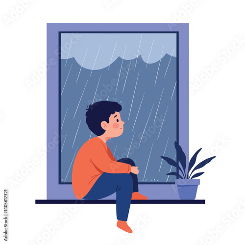 A young boy sitting on a windowsill, gazing pensively at the rain falling outside, in a minimal flat vector illustration