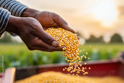 Golden Harvest in Hand: A person's hands cradle a cascade of golden corn kernels, celebrating the bounty of agriculture, emphasizing the significance of food, sustainability and nourishment.