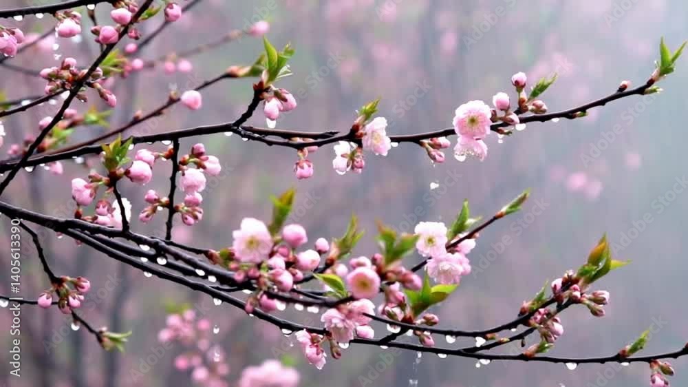 Cherry blossom branches in bloom under soft rain Cherry blossom branches in bloom under soft rain