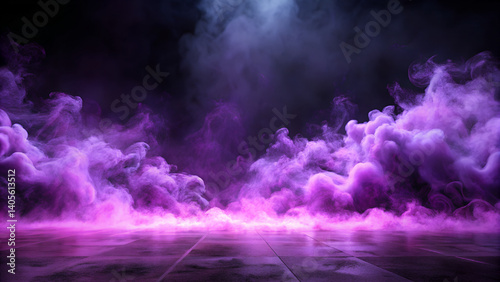 Ground purple fog background, 3d rendering. Smoke cloud scene neon light. Spooky dark magic haze. Panoramic view of the abstract fog isolated  on the black