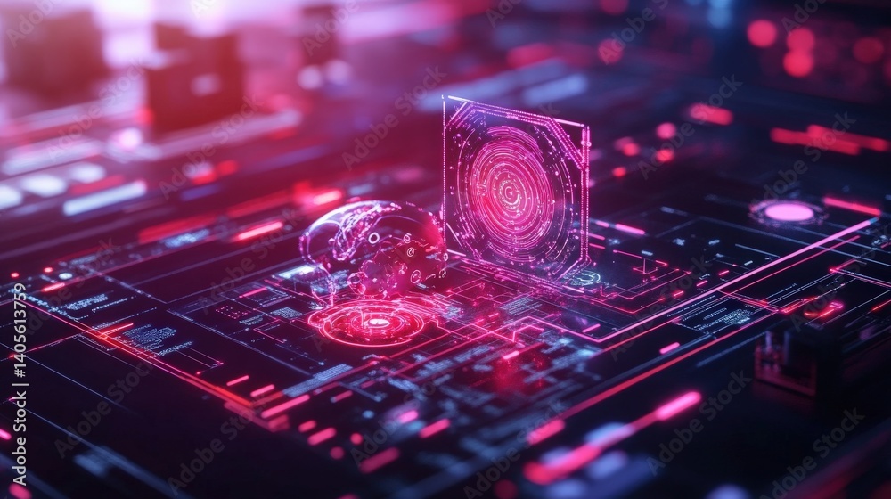 A glowing digital visualization of industrial IoT (Internet of Things) with interconnected machine interfaces