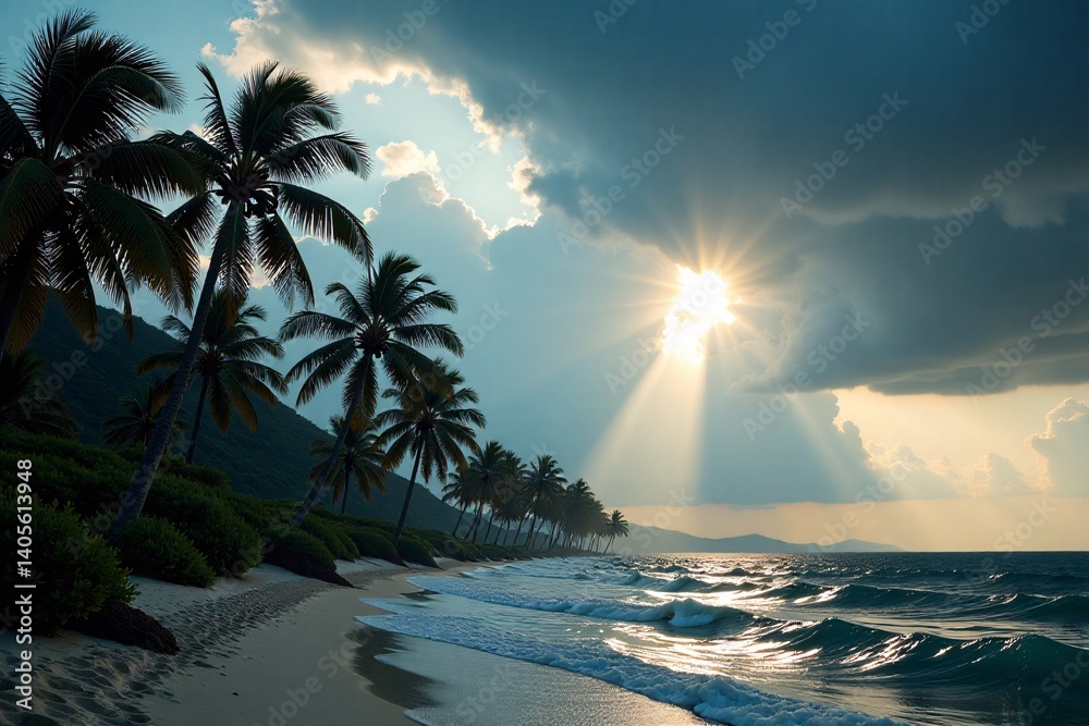 Fototapeta premium Storm Clears Over Palm-Lined Bay in Dramatic Coastal Scene