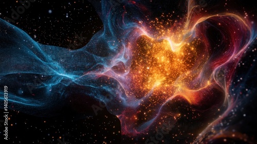 A glowing quantum computing visualization with swirling data particles and matrix-like abstract coding sequences