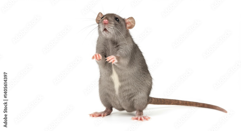 Gray rat standing upright on its hind legs, with a slightly arched back and front paws raised as if reaching Gray rat standing upright on its hind legs, with a slightly arched back and front paws raised as if reaching